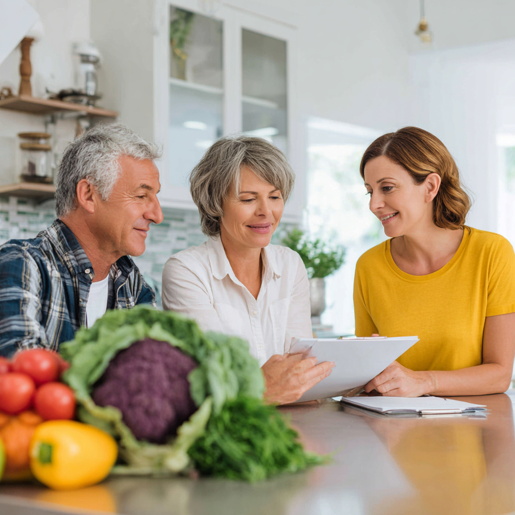 Middle-aged adults discussing meal planning with nutritionist in bright kitchen setting