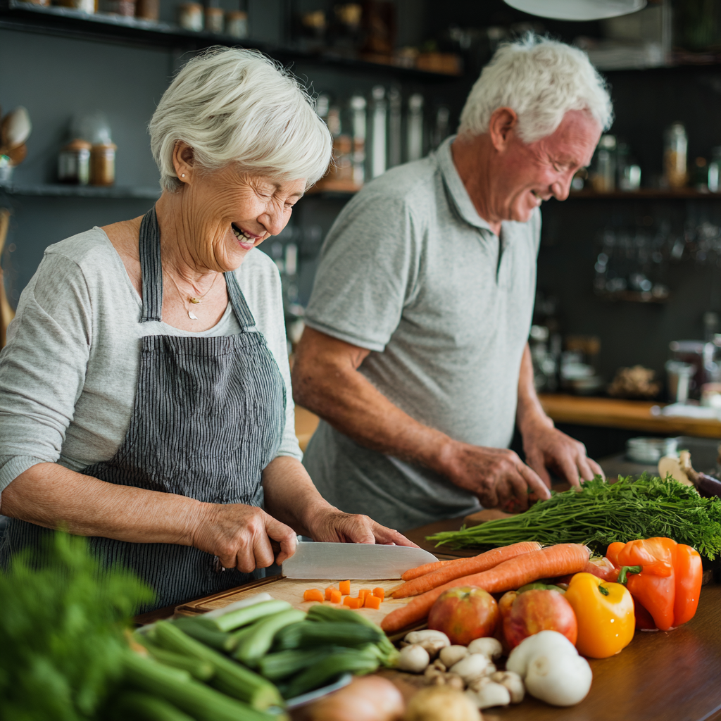 Older adults preparing fresh vegetables and wholesome meals in modern kitchen environment